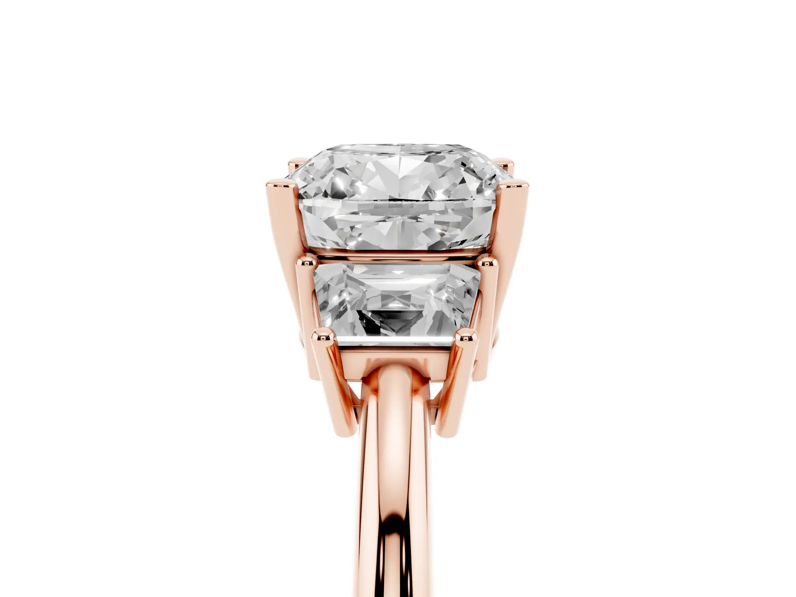 Cushion Cut Diamond Three-Stone Ring with Trapezoid Side Stones and Prong Setting Rose gold