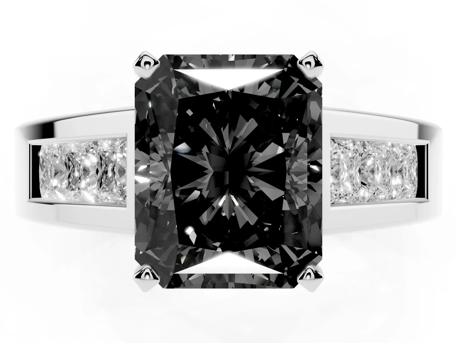 Fancy Black Radiant Cut Cut Channel Set Solitaire Ring with Four-Prong Setting Platinum