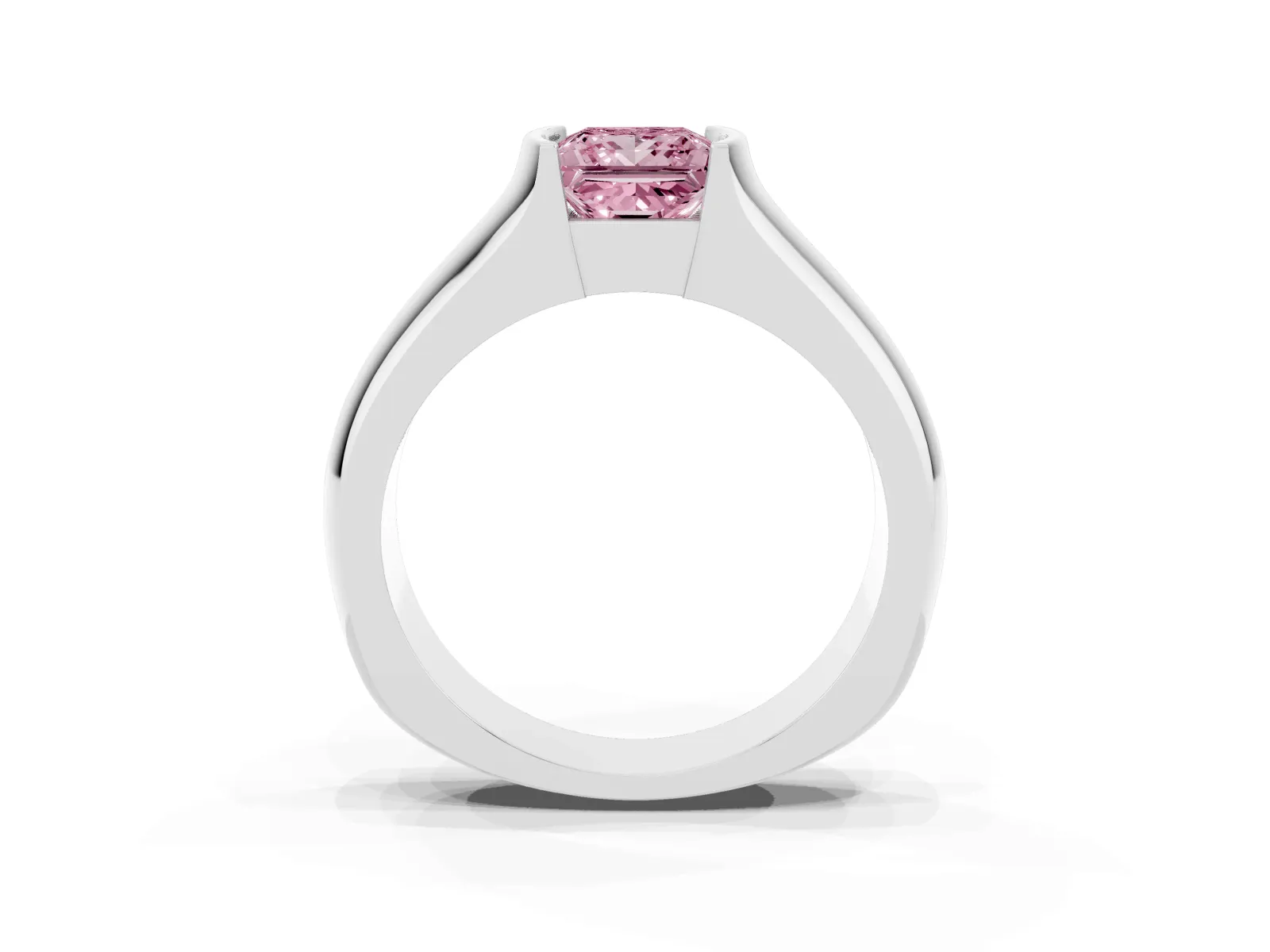 Fancy Pink Princess Cut Solitaire Bezel Set Diamond Ring with Wide Band White gold