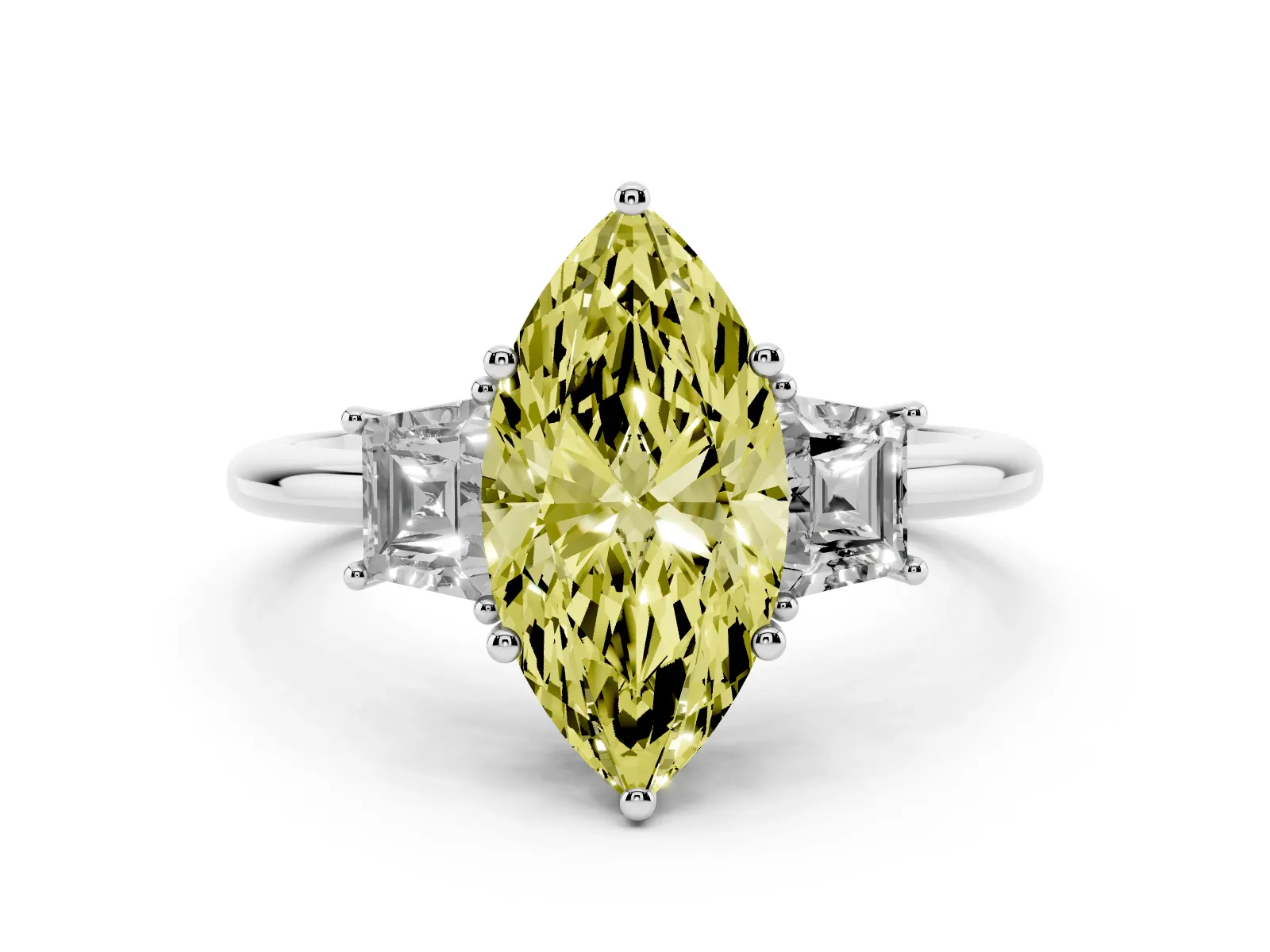 Fancy Yellow Marquise Cut Diamond Three-Stone Ring with Trapezoid Side Stones and Prong Setting Platinum