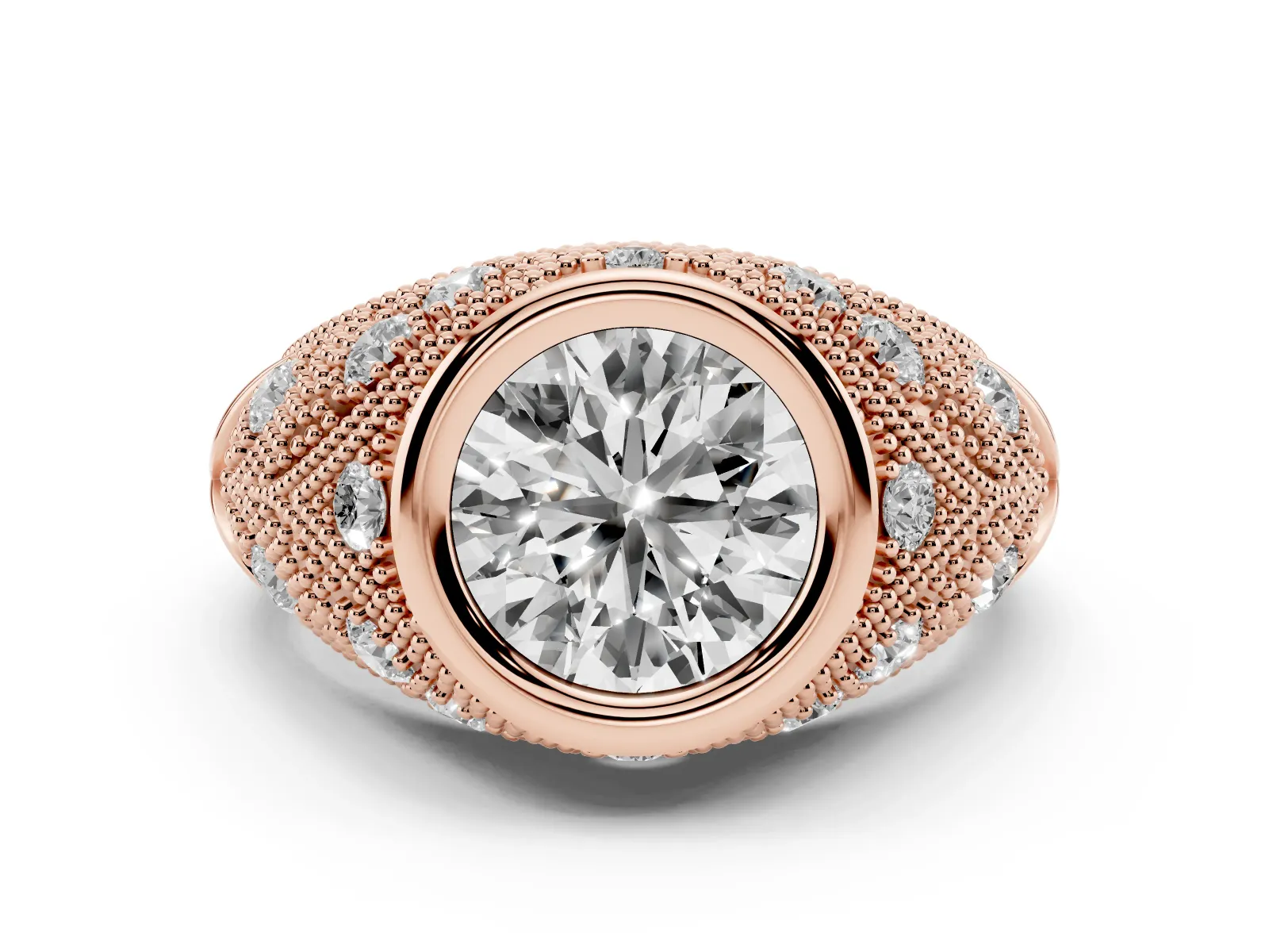 Bezel Set Round Cut Diamond Milgrain Band Ring Rose gold