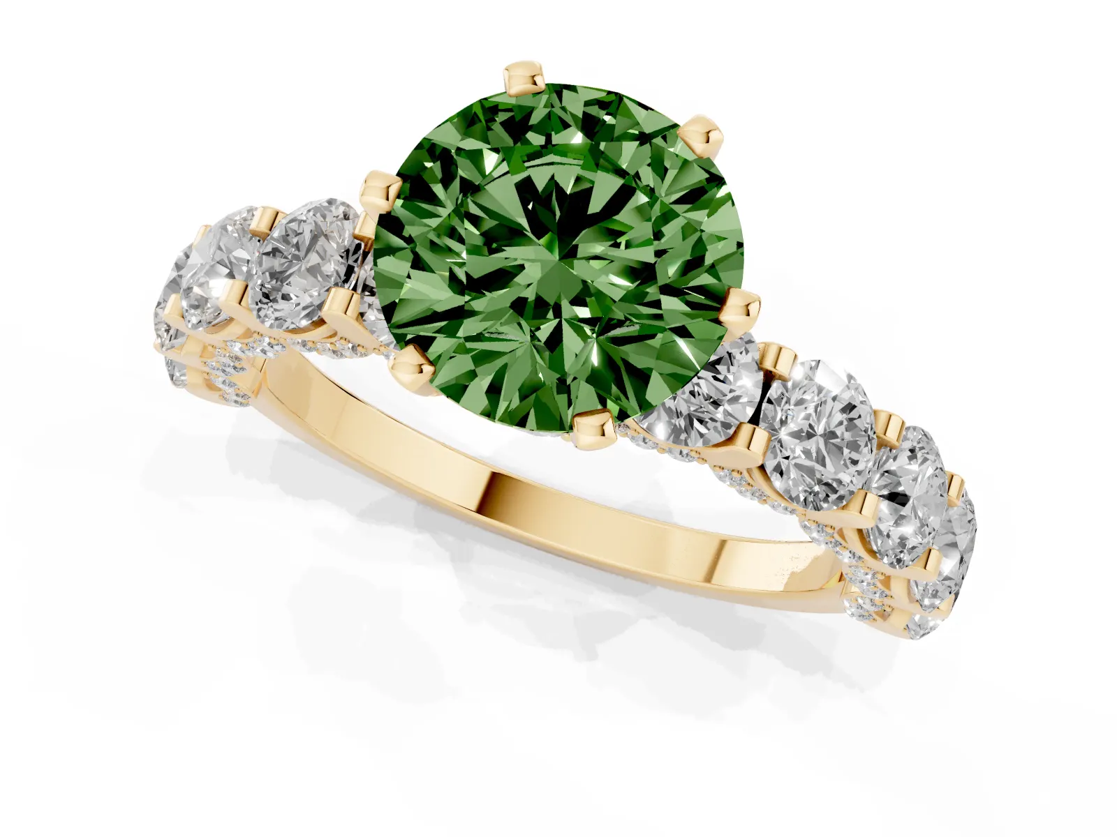 Fancy Green Round Cut Diamond Side Stone Engagement Ring with Four-Prong Setting Yellow gold