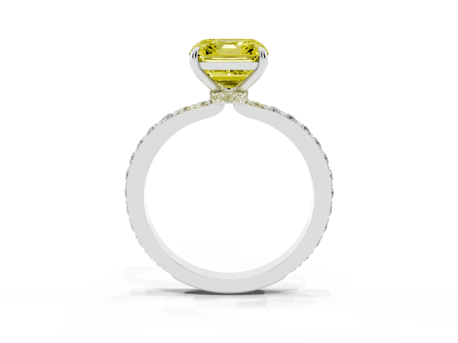 Fancy Yellow Asscher Cut Diamond Solitaire Engagement Ring with Pavé Band and Four-Prong Setting White gold
