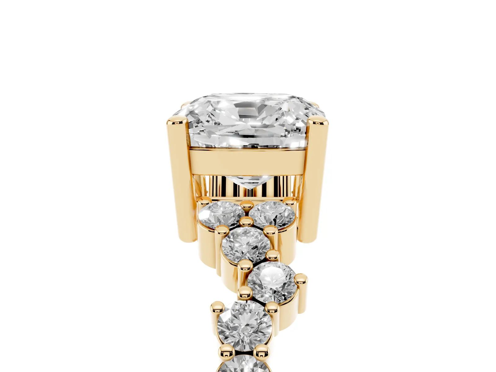 Cushion Cut Diamond Scattered Round Accent Ring with Prong Setting Yellow gold