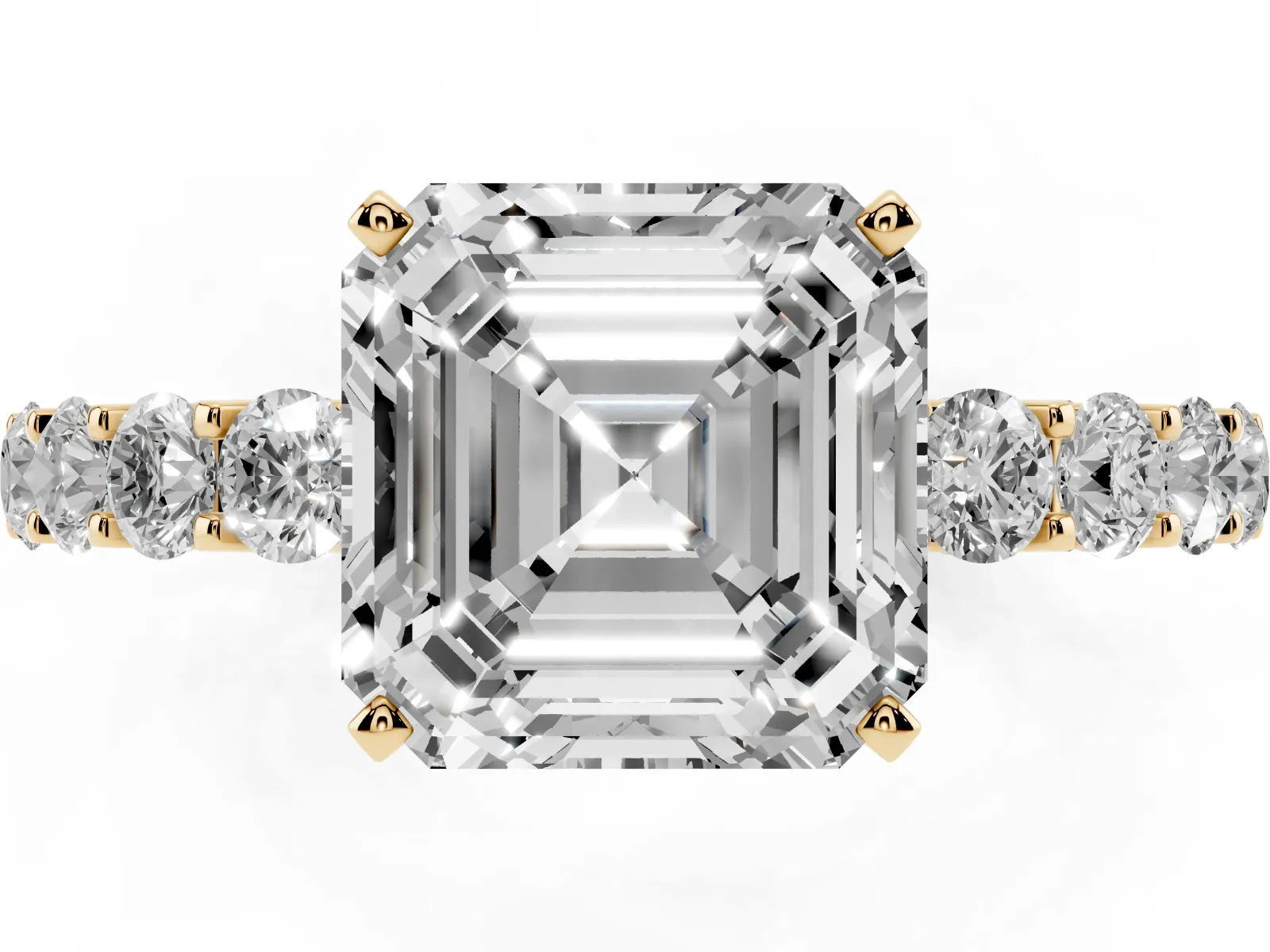 Asscher Cut Diamond Solitaire Ring with Shared Prong Pavé Band and Four-Prong Setting Yellow gold