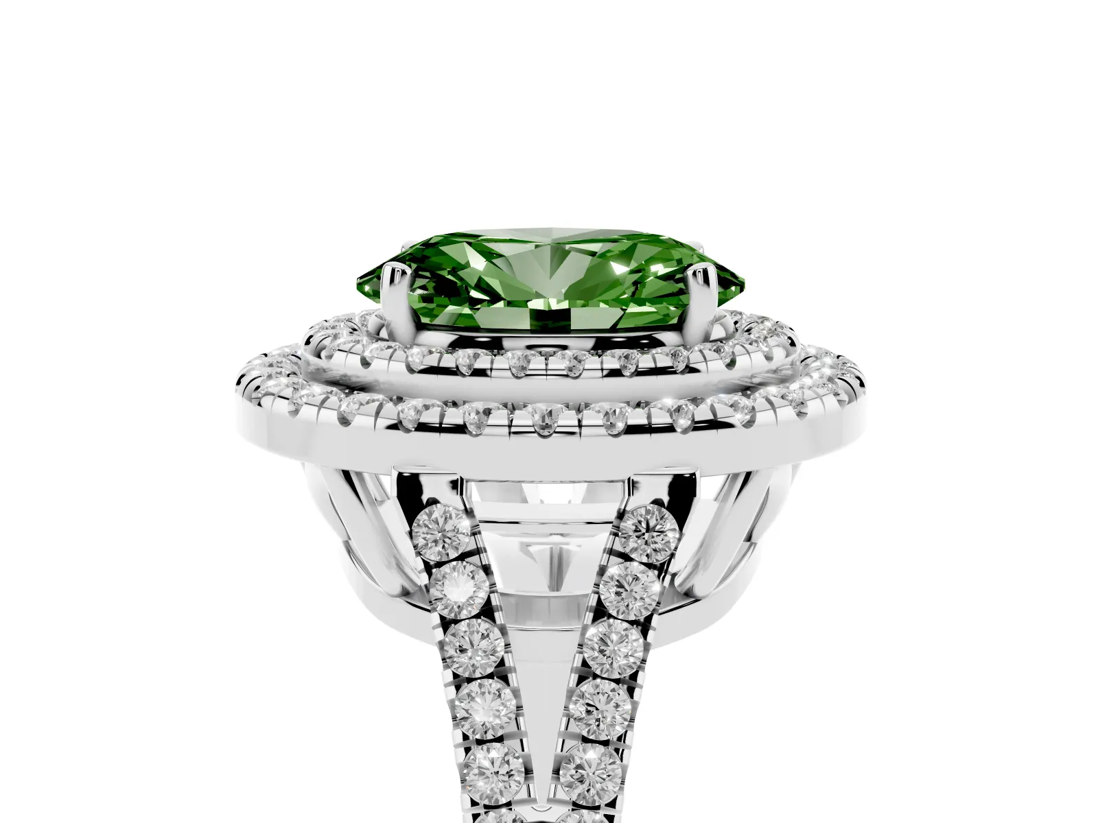 Fancy Green Oval Cut Diamond Double Halo Ring with Pavé Band and Prong Setting Platinum