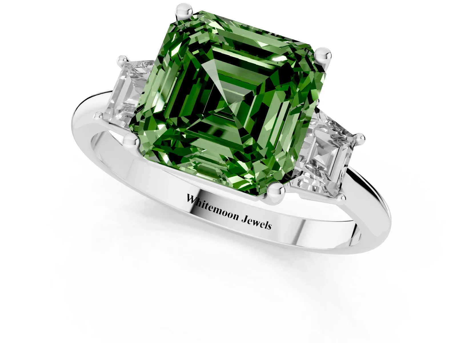 Fancy Green Asscher Cut Diamond Three-Stone Ring with Trapezoid Side Stones and Prong Setting White gold