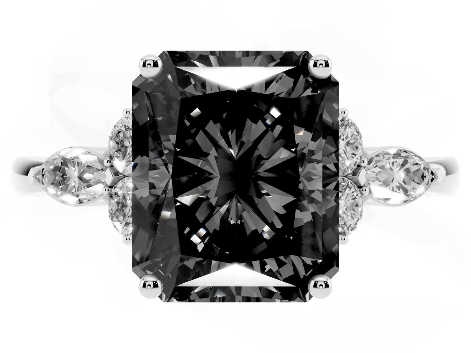 Fancy Black Radiant Cut Brilliant Diamond Solitaire Ring with Pear Side Stones and Four-Prong Setting White gold
