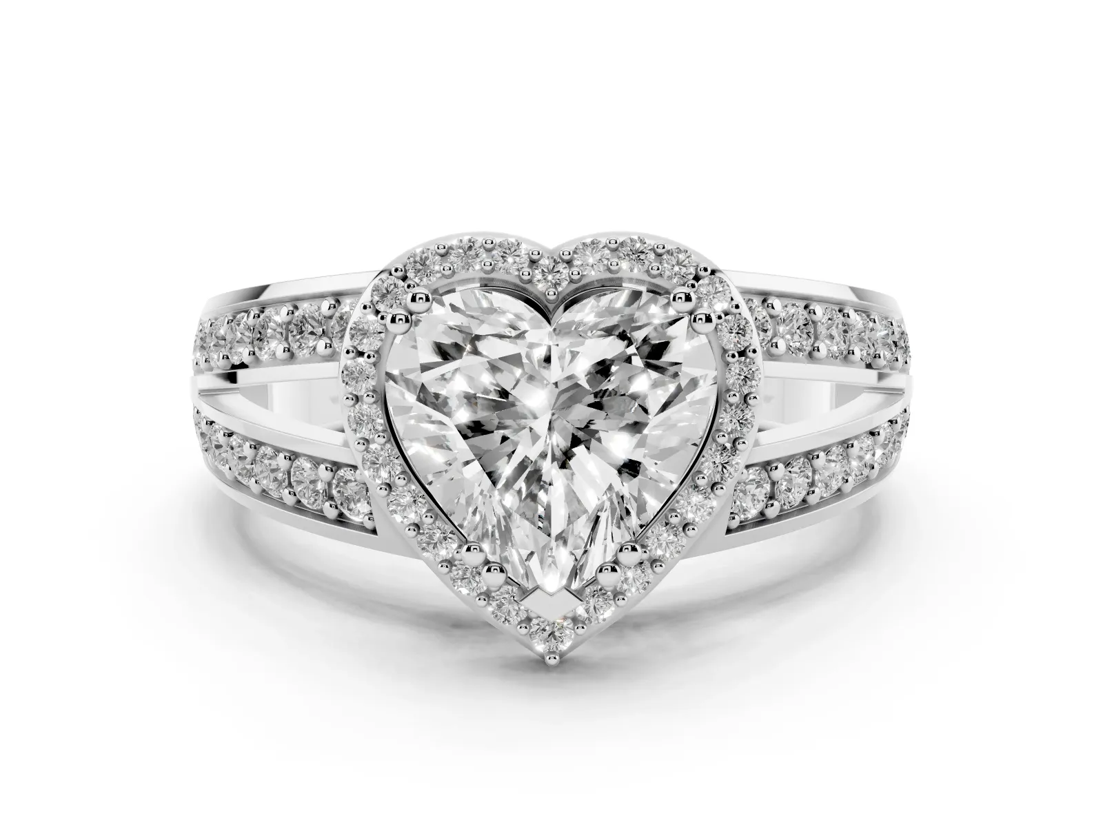 Heart Cut Diamond Halo Ring with Split Shank Pavé Band and Four-Prong Setting Platinum