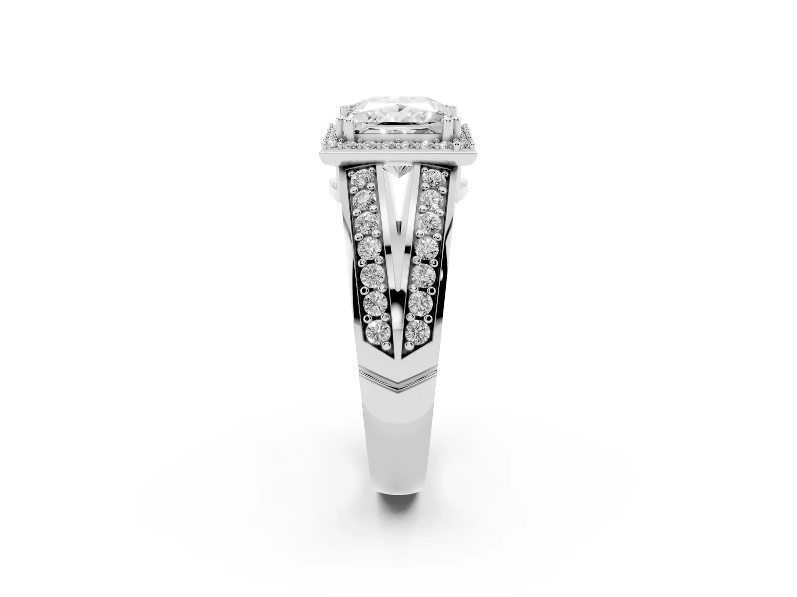 Princess Cut Diamond Halo Ring with Split Shank Pavé Band and Four-Prong Setting Platinum