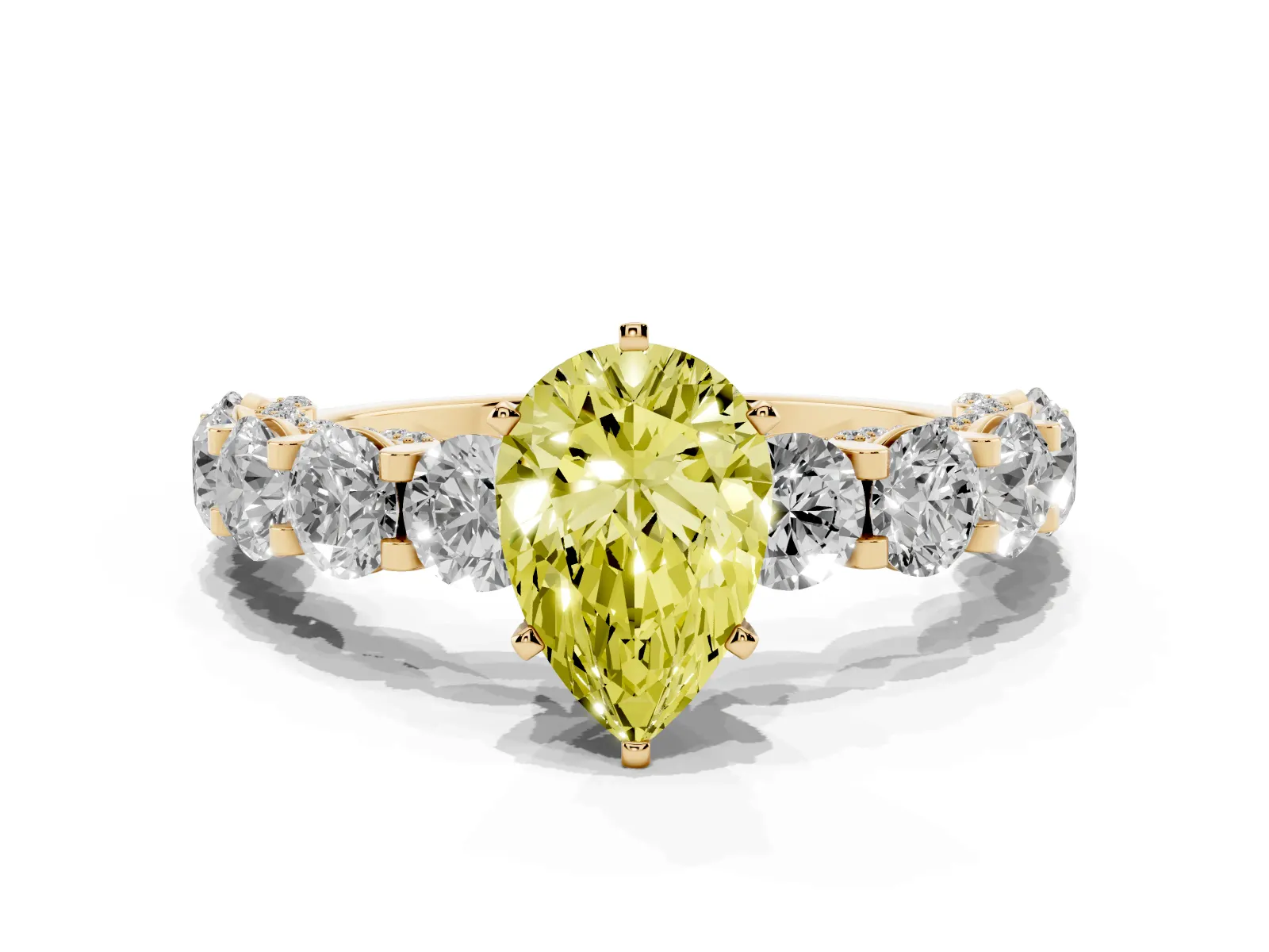 Fancy Yellow Pear Cut Diamond Side Stone Engagement Ring with Four-Prong Setting Yellow gold