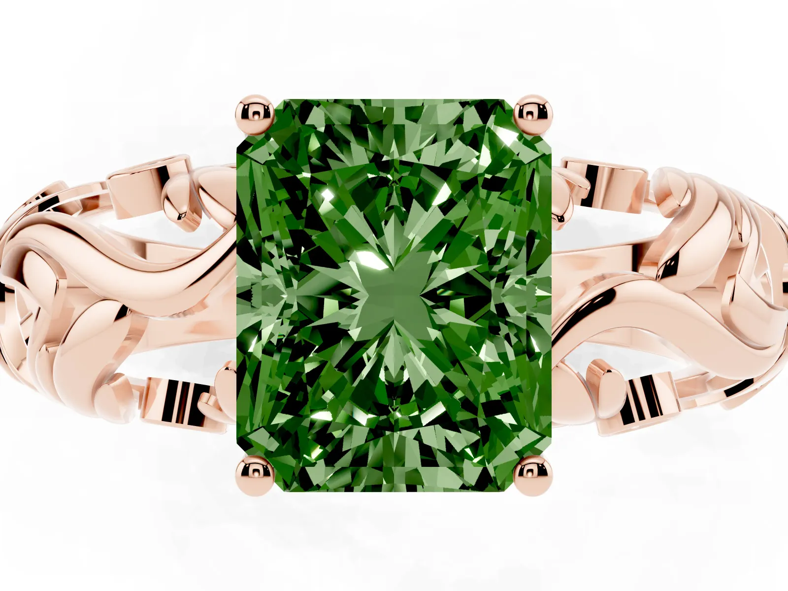 Fancy Green Radiant Cut Solitaire Diamond Leaf-Inspired Vine Band Ring with Prong Setting Rose gold