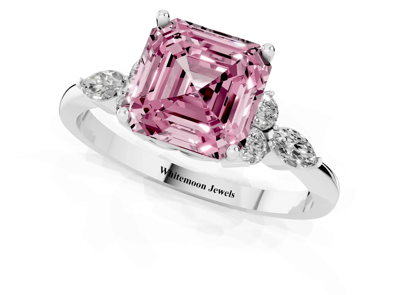 Fancy Pink Asscher Cut Brilliant Diamond Solitaire Ring with Pear Side Stones and Four-Prong Setting Platinum