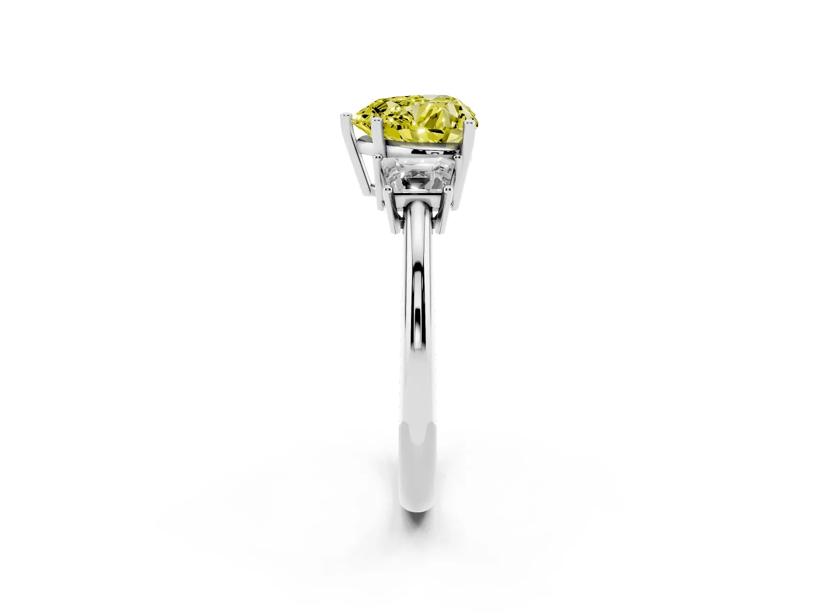 Fancy Yellow Heart Cut Diamond Three-Stone Ring with Trapezoid Side Stones and Prong Setting White gold