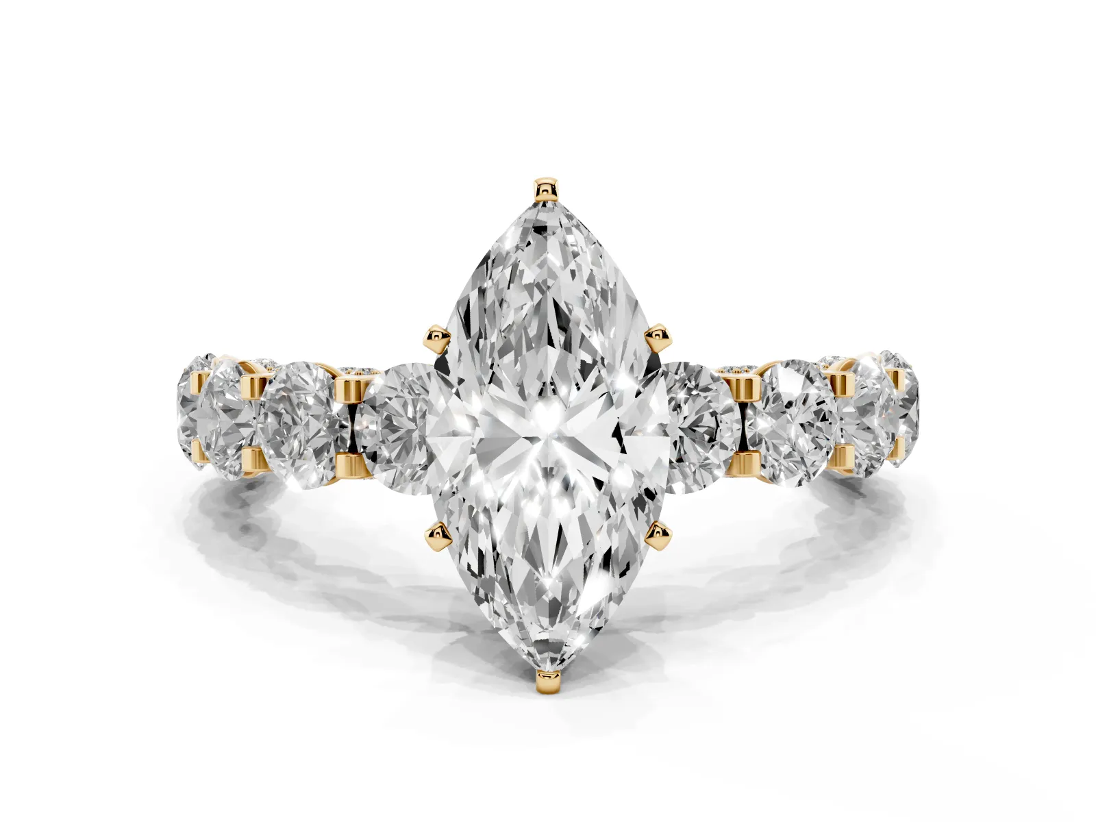 Marquise Cut Diamond Side Stone Engagement Ring with Four-Prong Setting Yellow gold