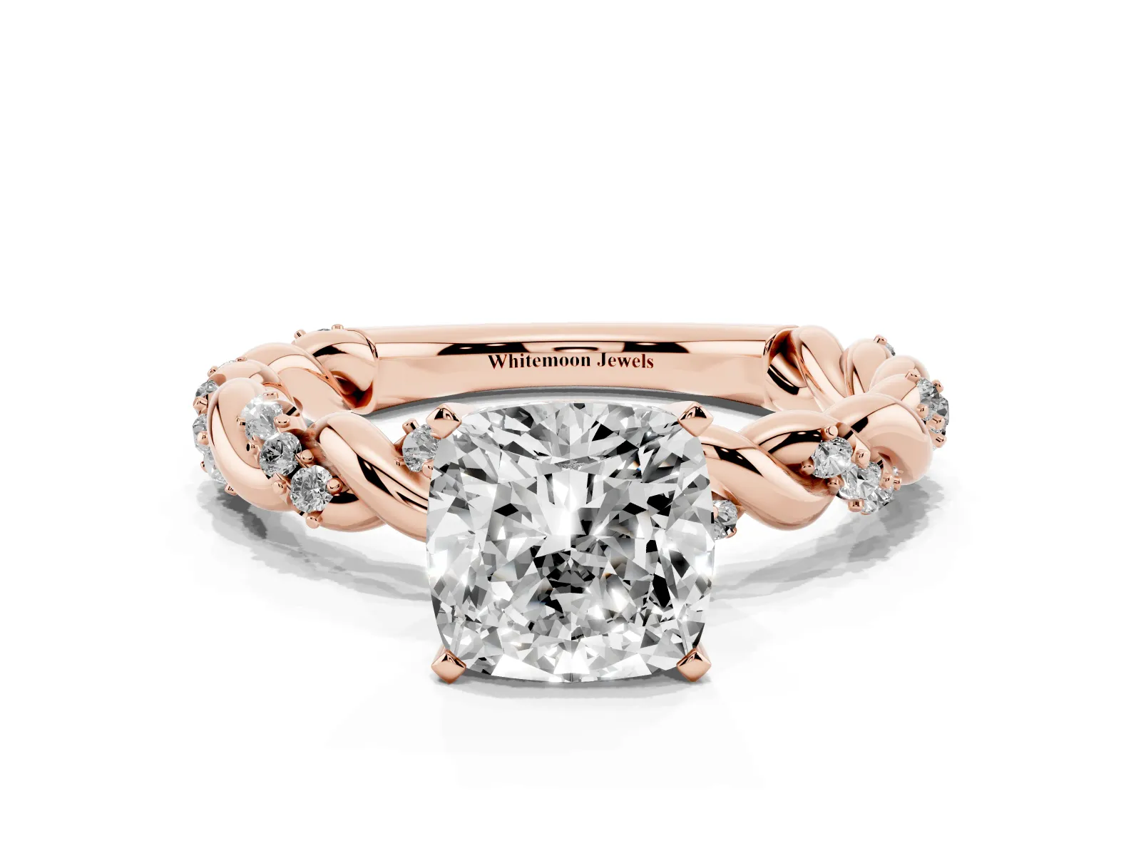 Cushion Cut Diamond Solitaire Ring with Twisted Band and Pavé Accents Rose gold