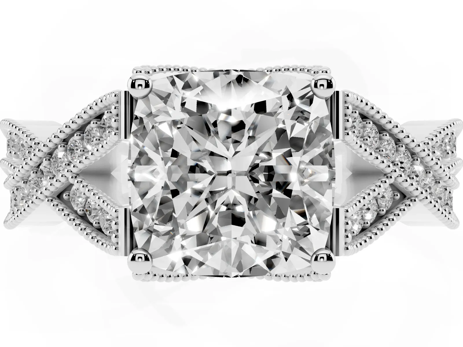 Cushion Cut Cut Diamond Twisted Band with Milgrain Pave Setting and Four-Prong Setting Platinum