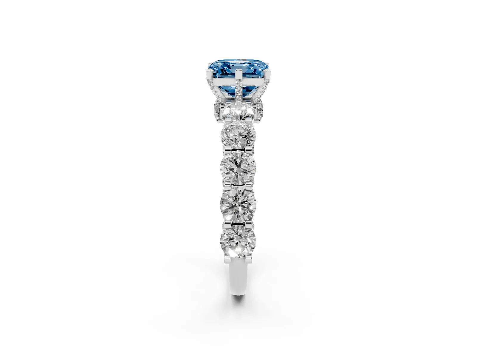 Fancy Blue Asscher Cut Diamond Side Stone Engagement Ring with Four-Prong Setting White gold
