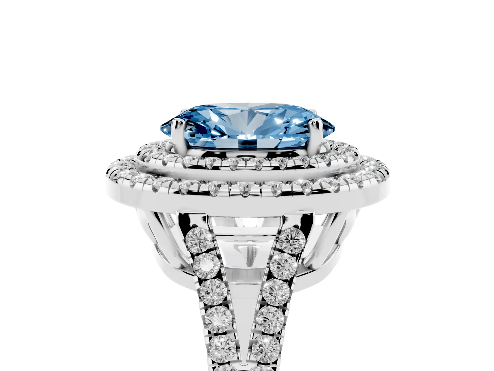 Fancy Blue Oval Cut Diamond Double Halo Ring with Pavé Band and Prong Setting Platinum