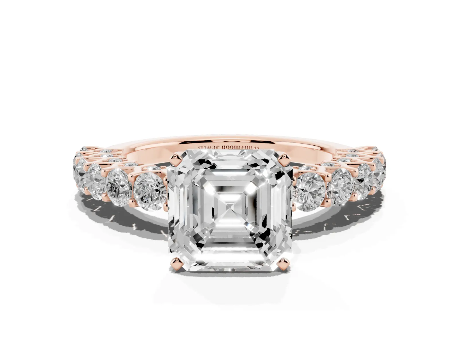Asscher Cut Diamond Solitaire Ring with Shared Prong Pavé Band and Four-Prong Setting Rose gold