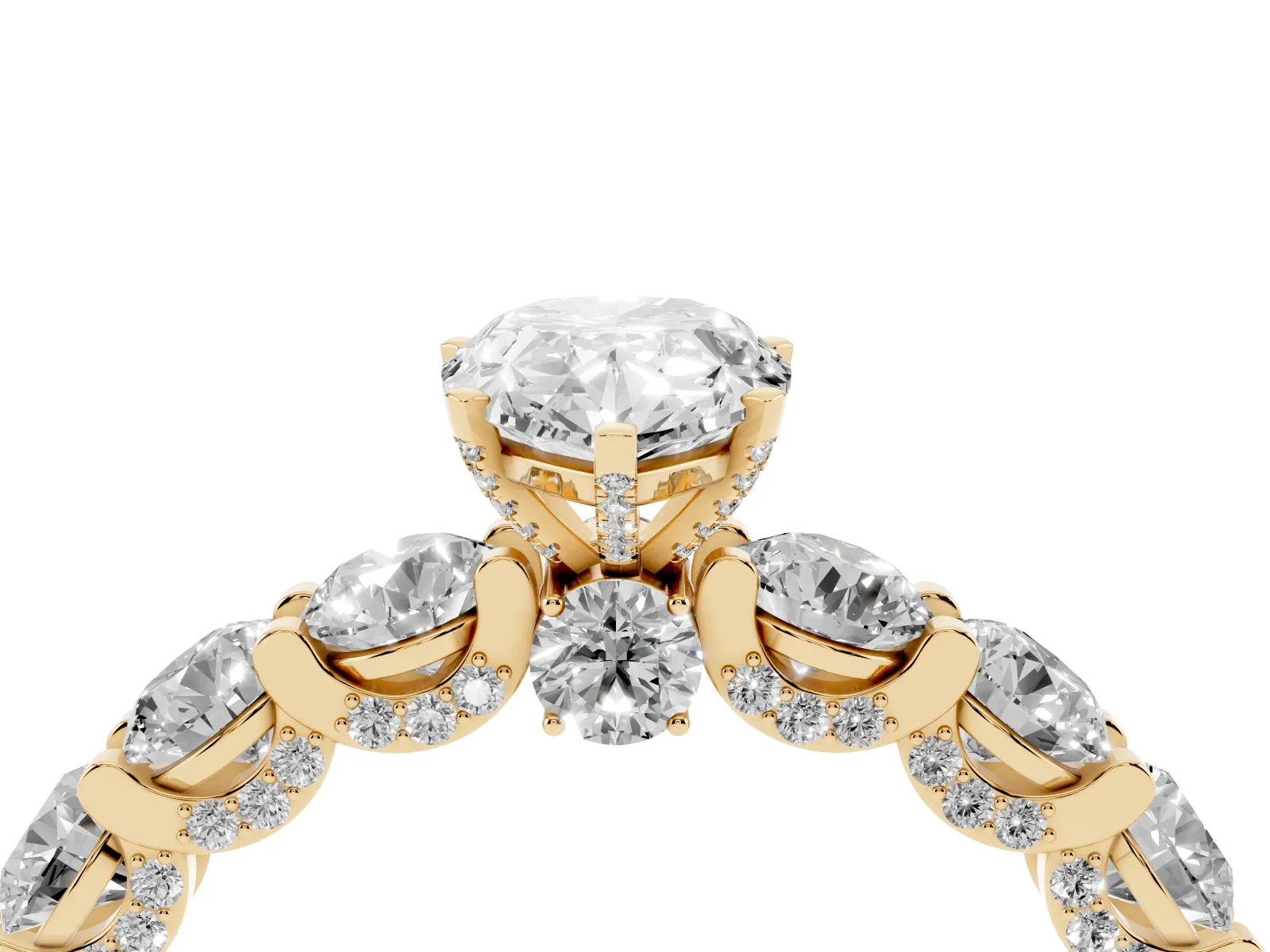 Pear Cut Diamond Side Stone Engagement Ring with Four-Prong Setting Yellow gold