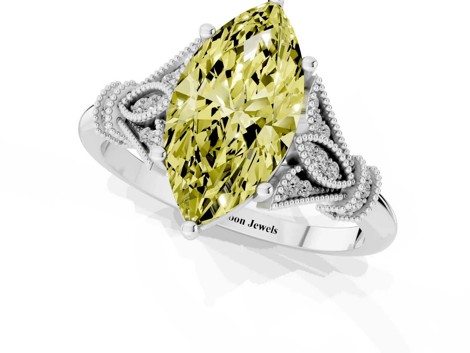 Fancy Yellow Marquise Cut Diamond Solitaire Ring with Floral Filigree and Pave Accents Platinum
