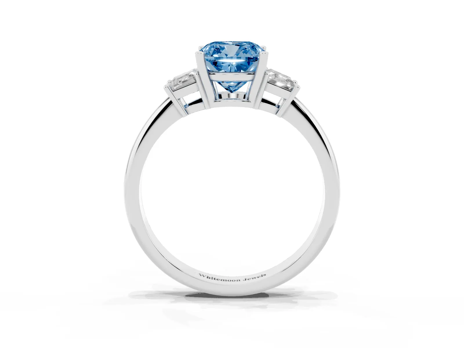 Fancy Blue Cushion Cut Diamond Three-Stone Ring with Trapezoid Side Stones and Prong Setting Platinum