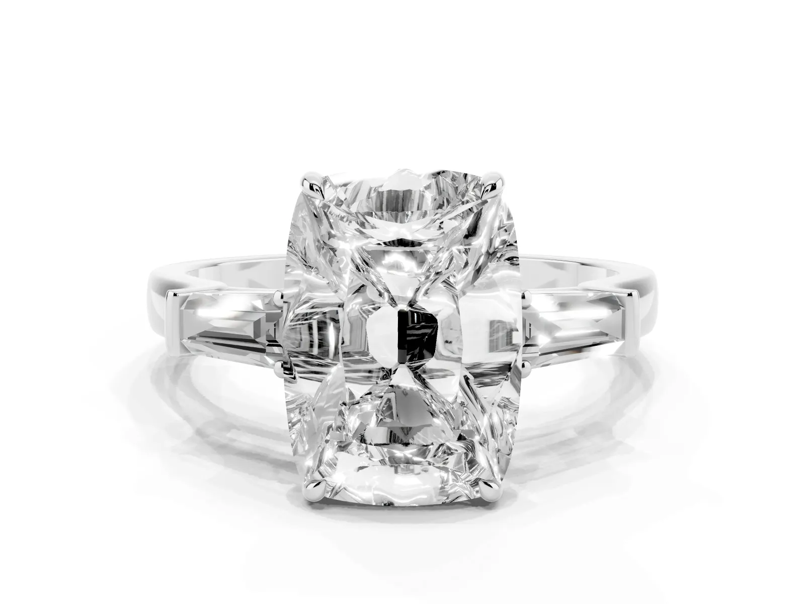 Old Mine Elongated Cushion Diamond with Side Tapered Baguette Three Stone Ring White gold