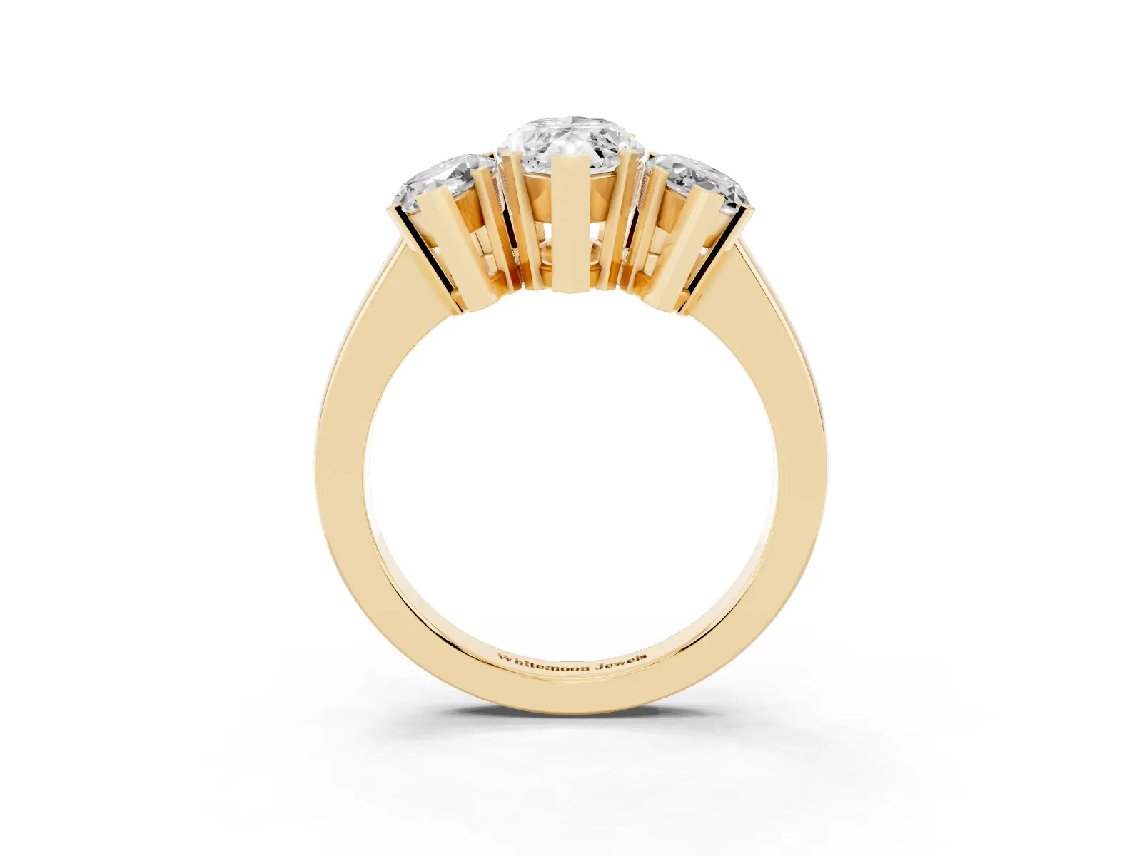 Three-Stone Marquise Cut Cut Diamond Ring with Channel Set Band and Four-Prong Setting Yellow gold