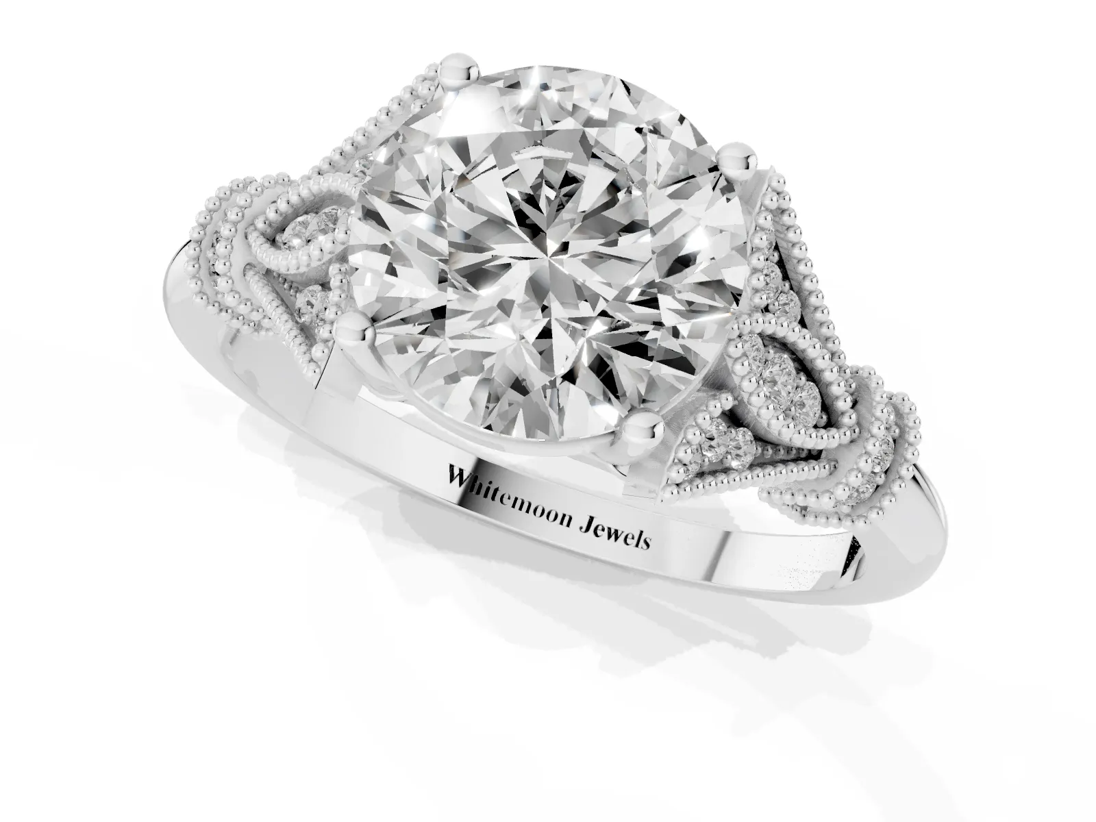 Round Cut Diamond Solitaire Ring with Floral Filigree and Pave Accents Platinum