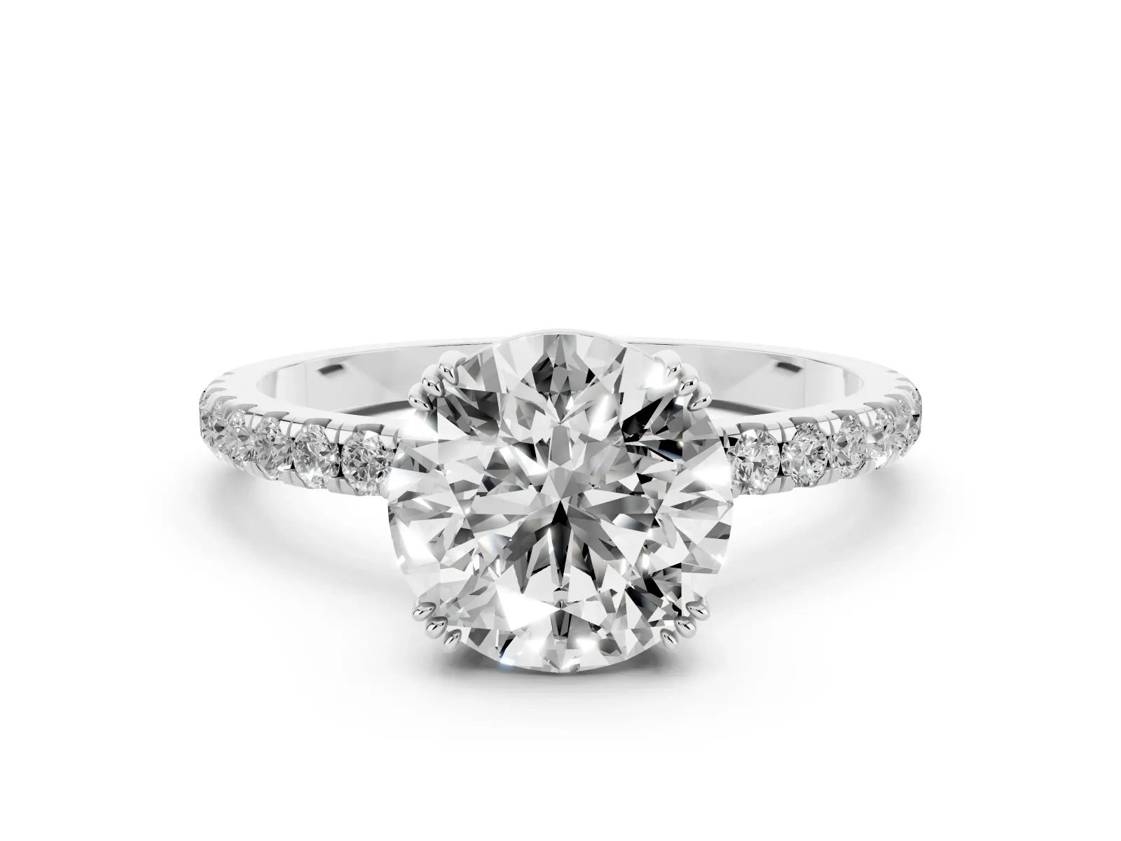 Round Cut Brilliant Solitaire with Pavé Band and Claw Prong Setting Platinum