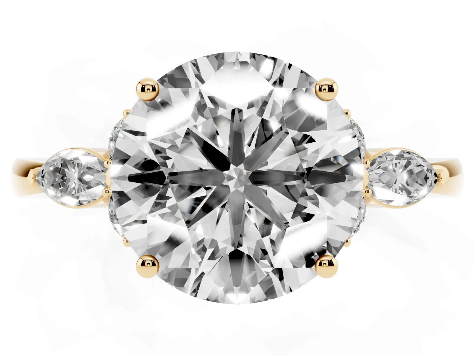 Round Cut Brilliant Diamond Solitaire Ring with Pear Side Stones and Four-Prong Setting Yellow gold