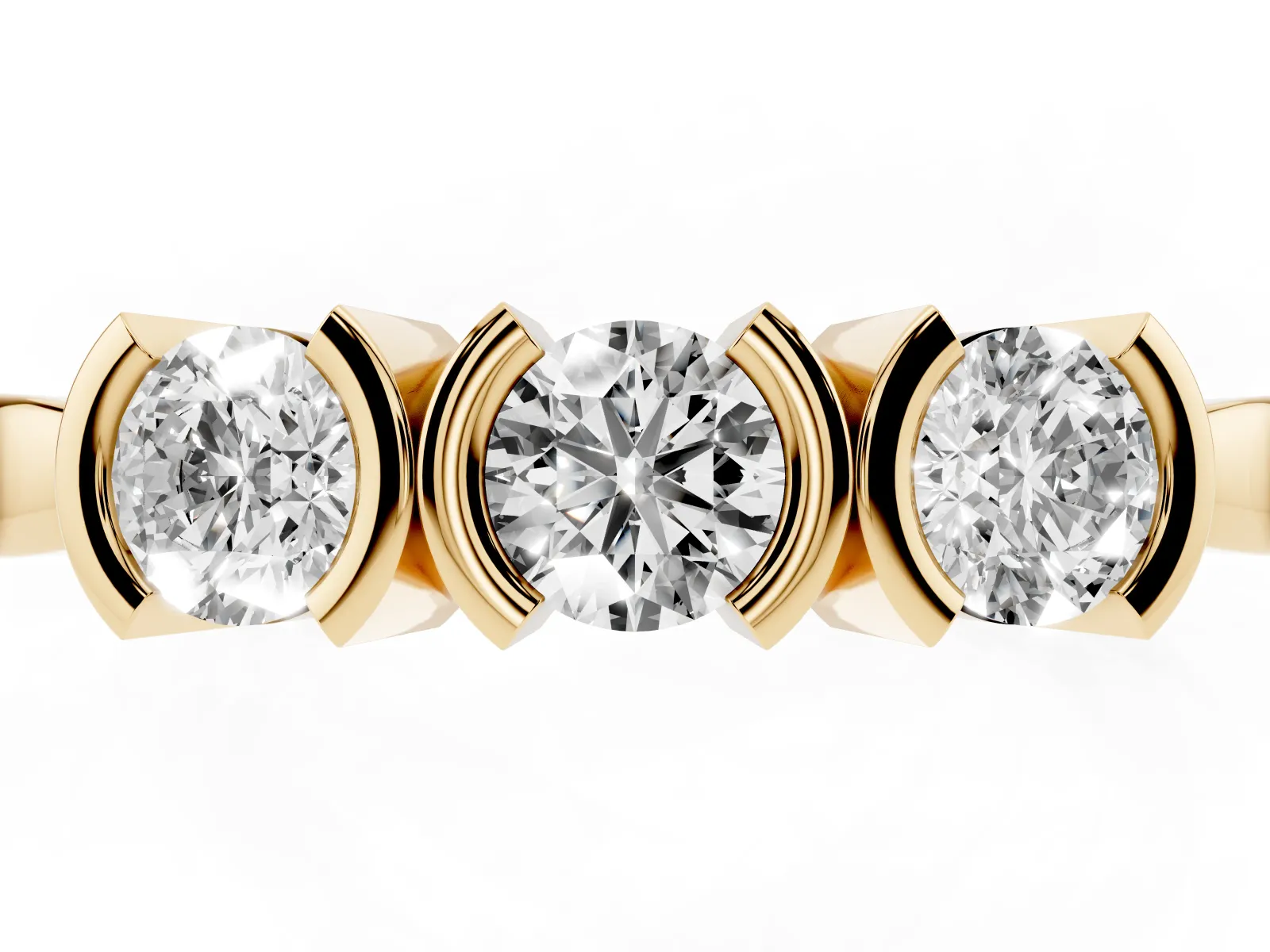 Three-Stone Round Diamond Half Bezel Prong Band Yellow gold