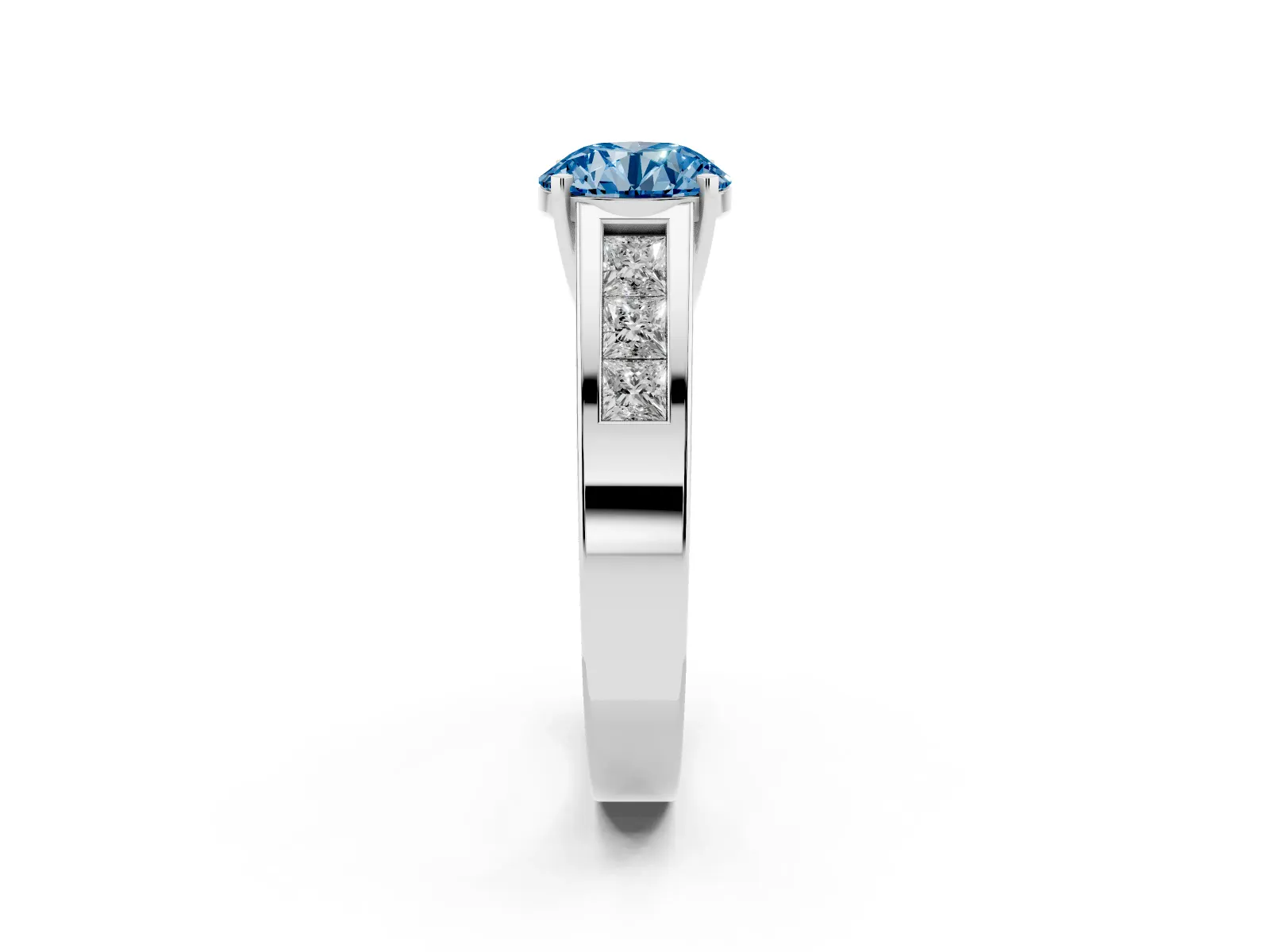 Fancy Blue Round Cut Cut Channel Set Solitaire Ring with Four-Prong Setting Platinum
