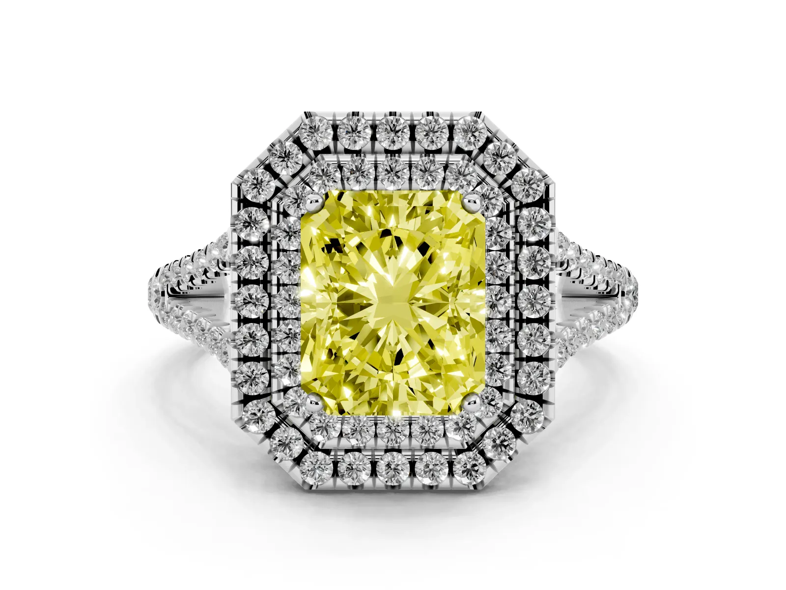 Fancy Yellow Radiant Cut Diamond Double Halo Ring with Pavé Band and Prong Setting Platinum