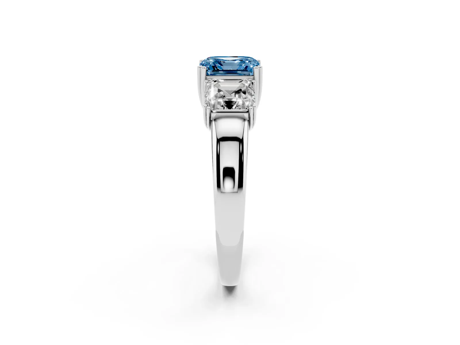 Fancy Blue Three-Stone Asscher Cut Cut Diamond Ring with Channel Set Band and Four-Prong Setting White gold