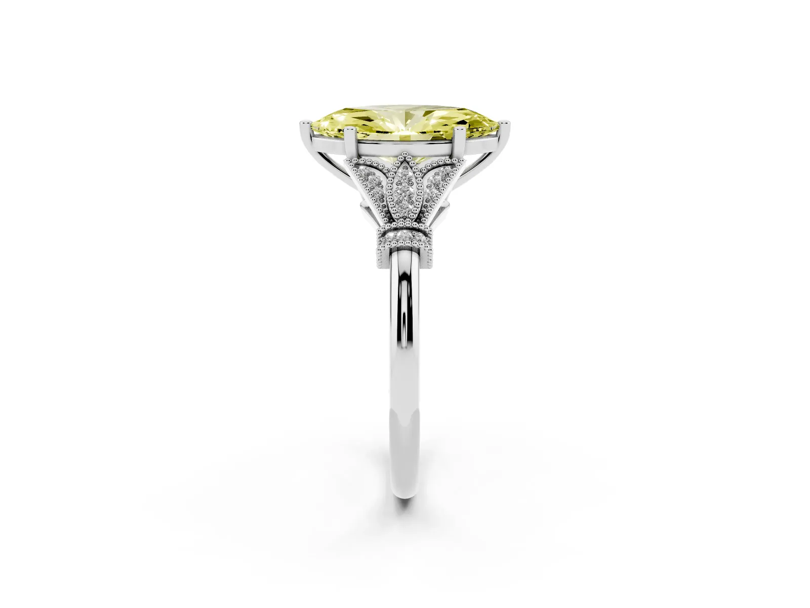 Fancy Yellow Marquise Cut Diamond Solitaire Ring with Floral Filigree and Pave Accents Platinum