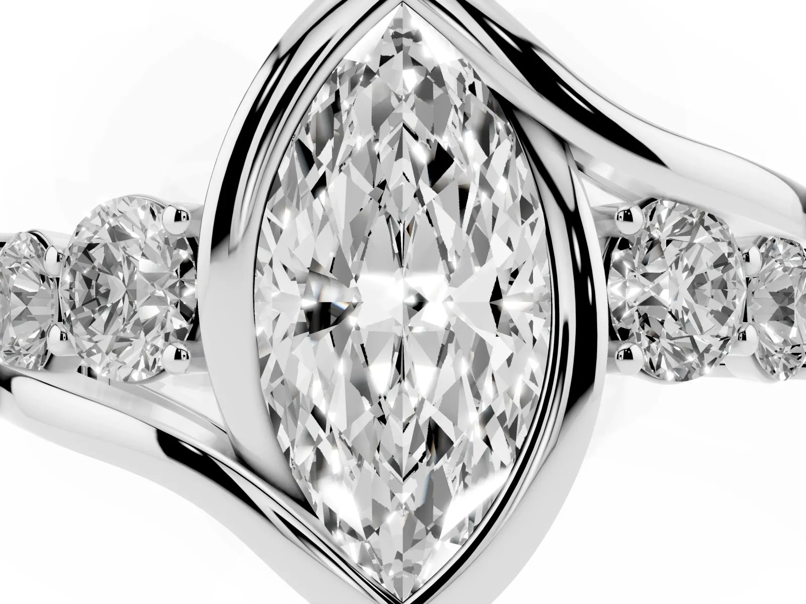 Bezel Set Marquise Cut Diamond Bypass Ring with Round Accents White gold