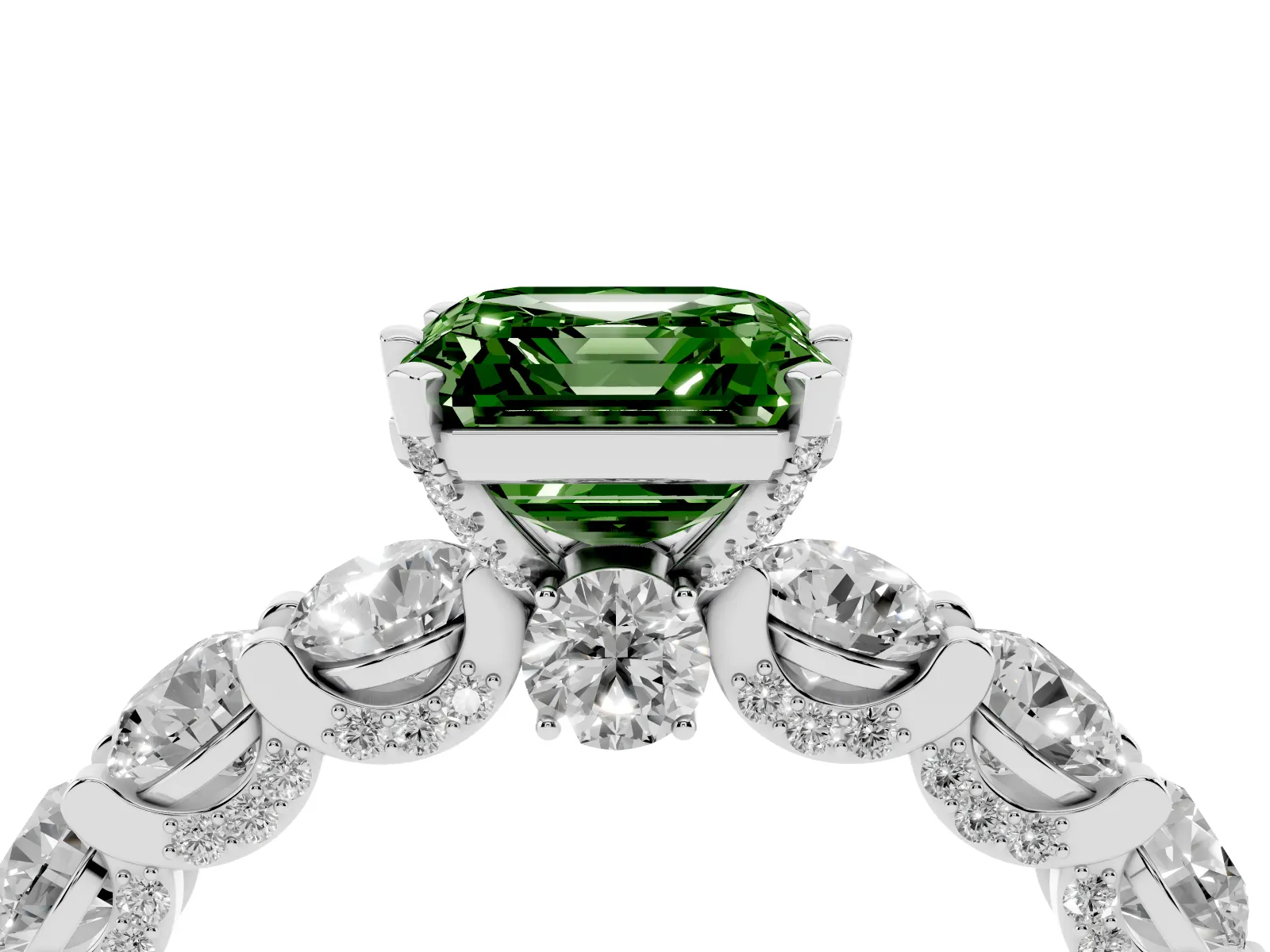 Fancy Green Asscher Cut Diamond Side Stone Engagement Ring with Four-Prong Setting Platinum