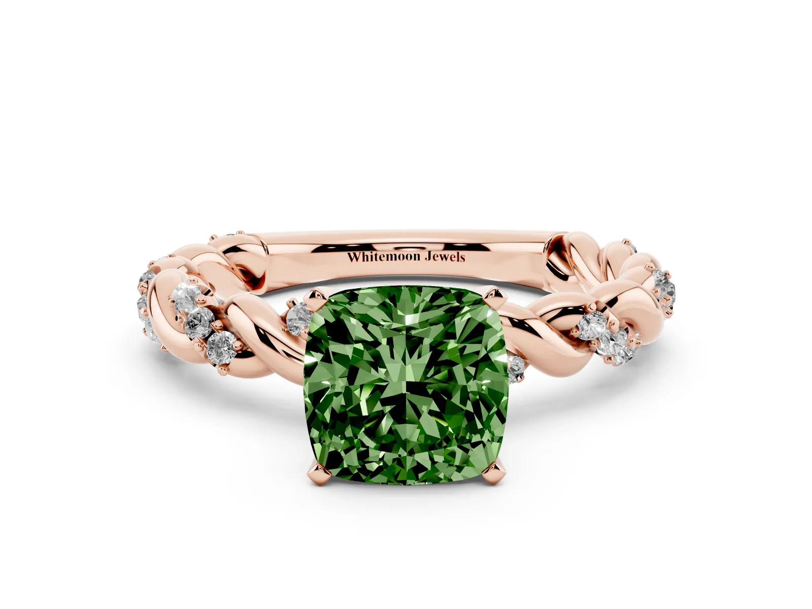 Fancy Green Cushion Cut Diamond Solitaire Ring with Twisted Band and Pavé Accents Rose gold
