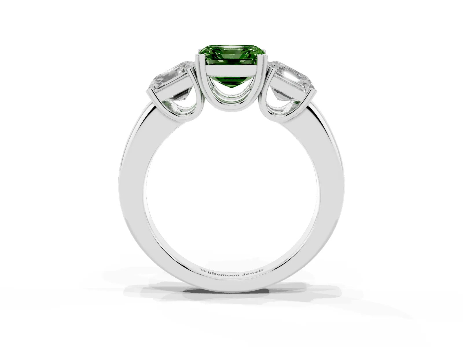 Fancy Green Three-Stone Asscher Cut Cut Diamond Ring with Channel Set Band and Four-Prong Setting White gold