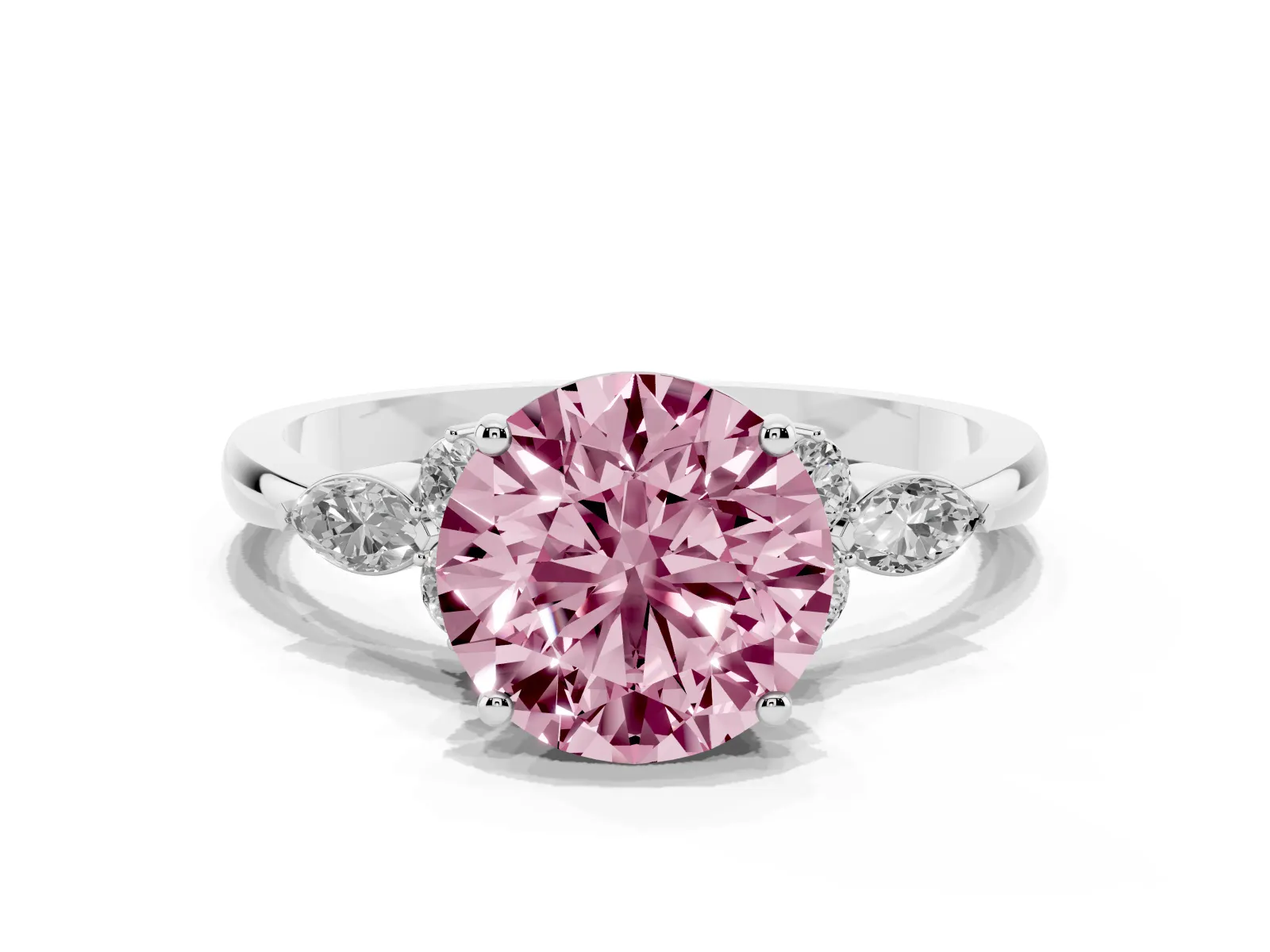 Fancy Pink Round Cut Brilliant Diamond Solitaire Ring with Pear Side Stones and Four-Prong Setting Platinum