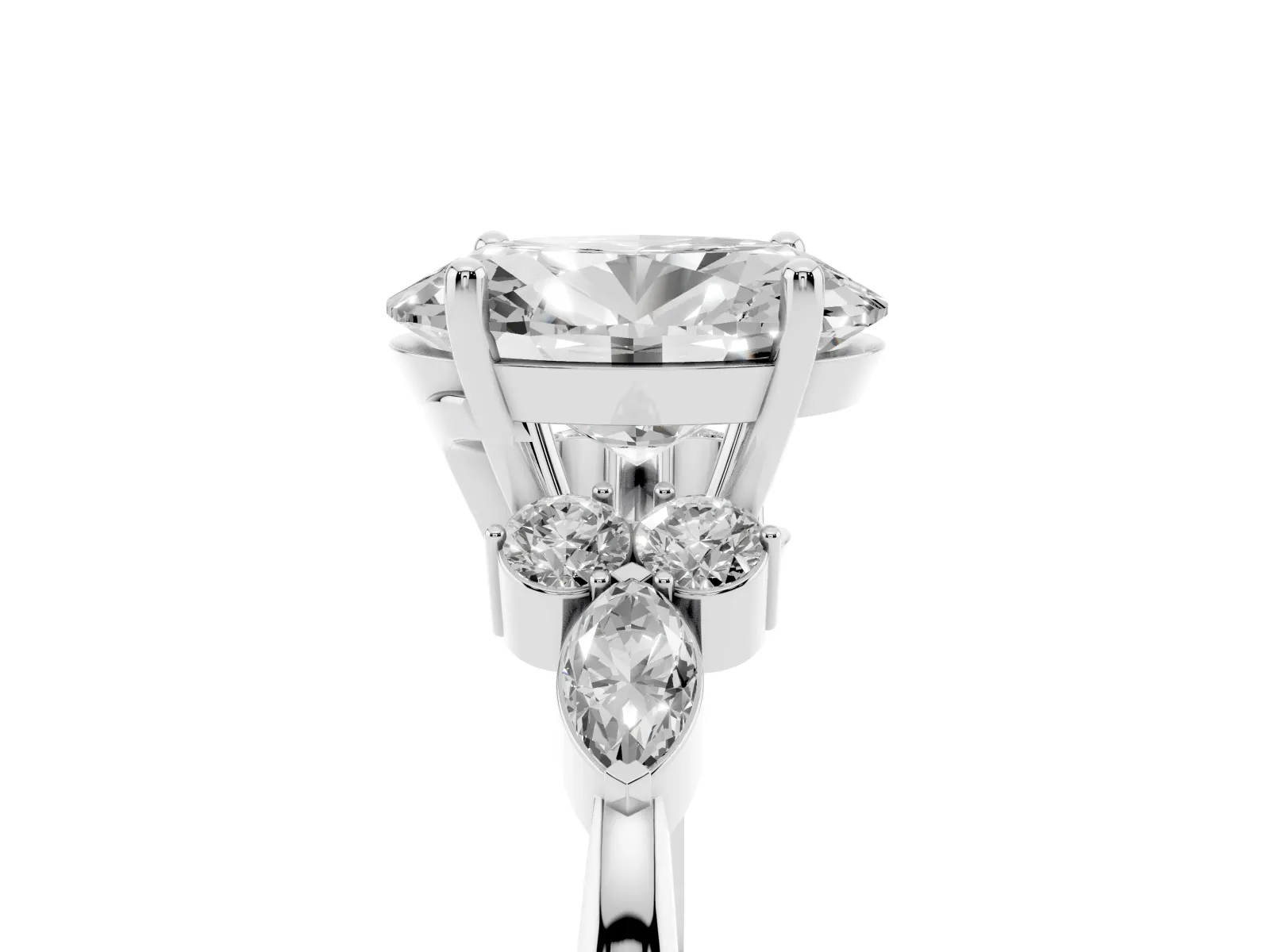 Oval Cut Brilliant Diamond Solitaire Ring with Pear Side Stones and Four-Prong Setting Platinum