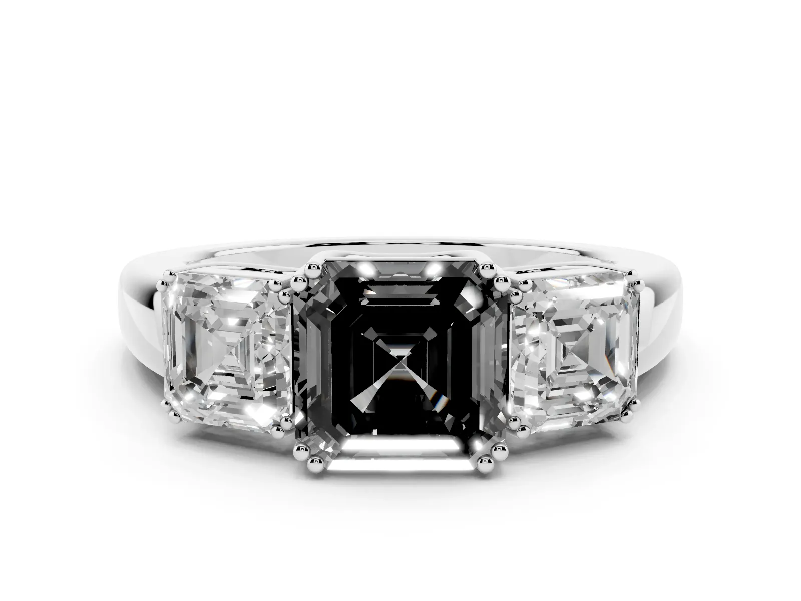 Fancy Black Three-Stone Asscher Cut Cut Diamond Ring with Channel Set Band and Four-Prong Setting White gold