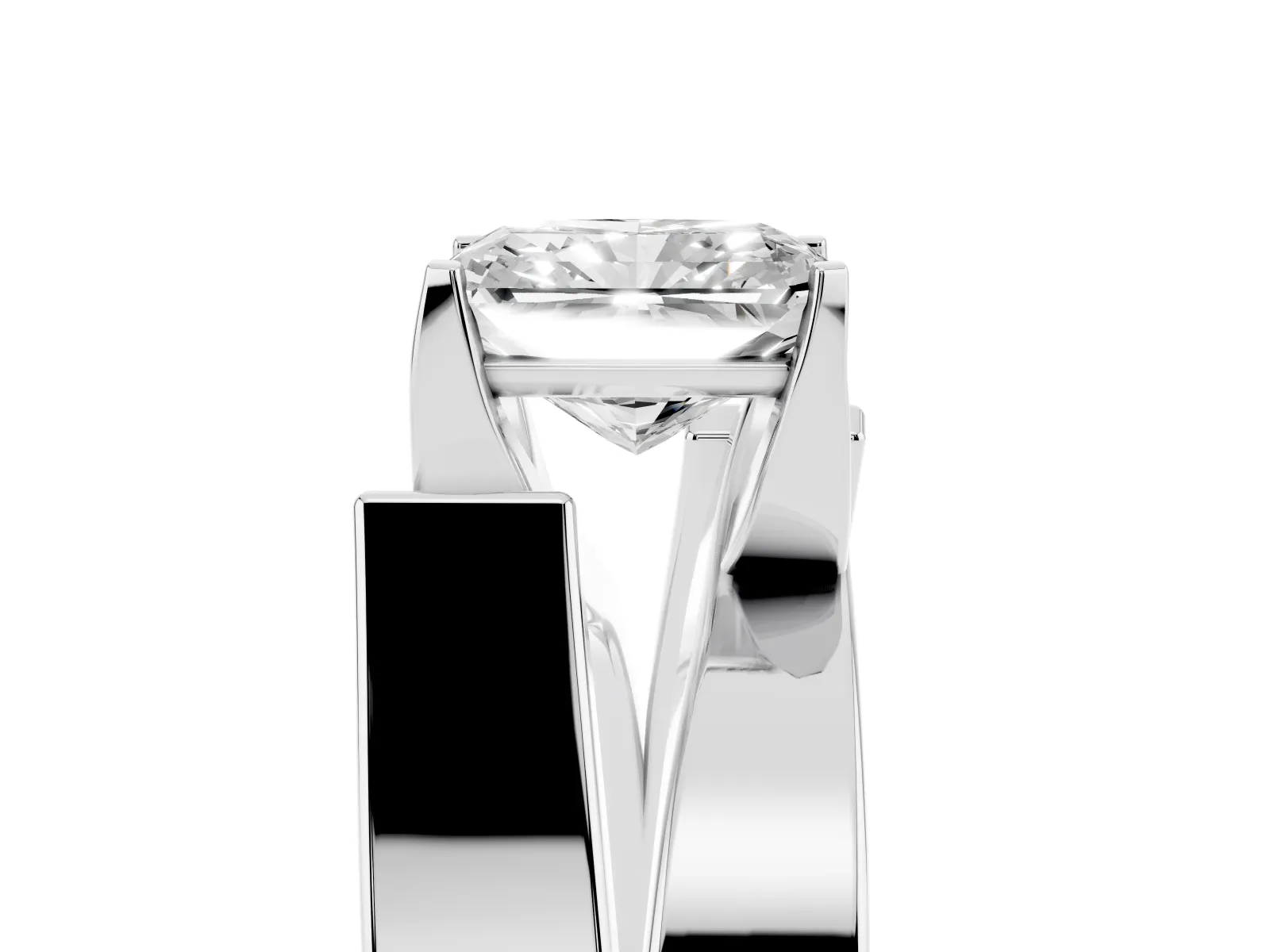 Modern Tension Set Radiant Cut Diamond Solitaire Wide Band Ring White gold