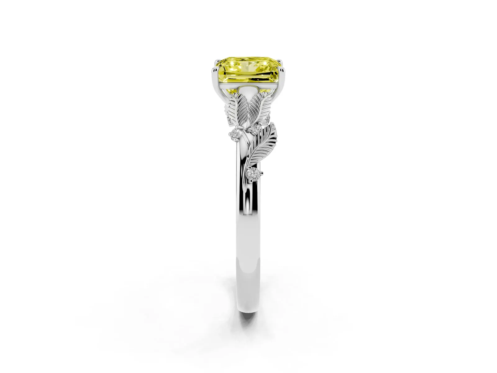 Fancy Yellow Princess Cut Diamond Solitaire Ring with Leaf Motif Band and Four-Prong Setting Platinum