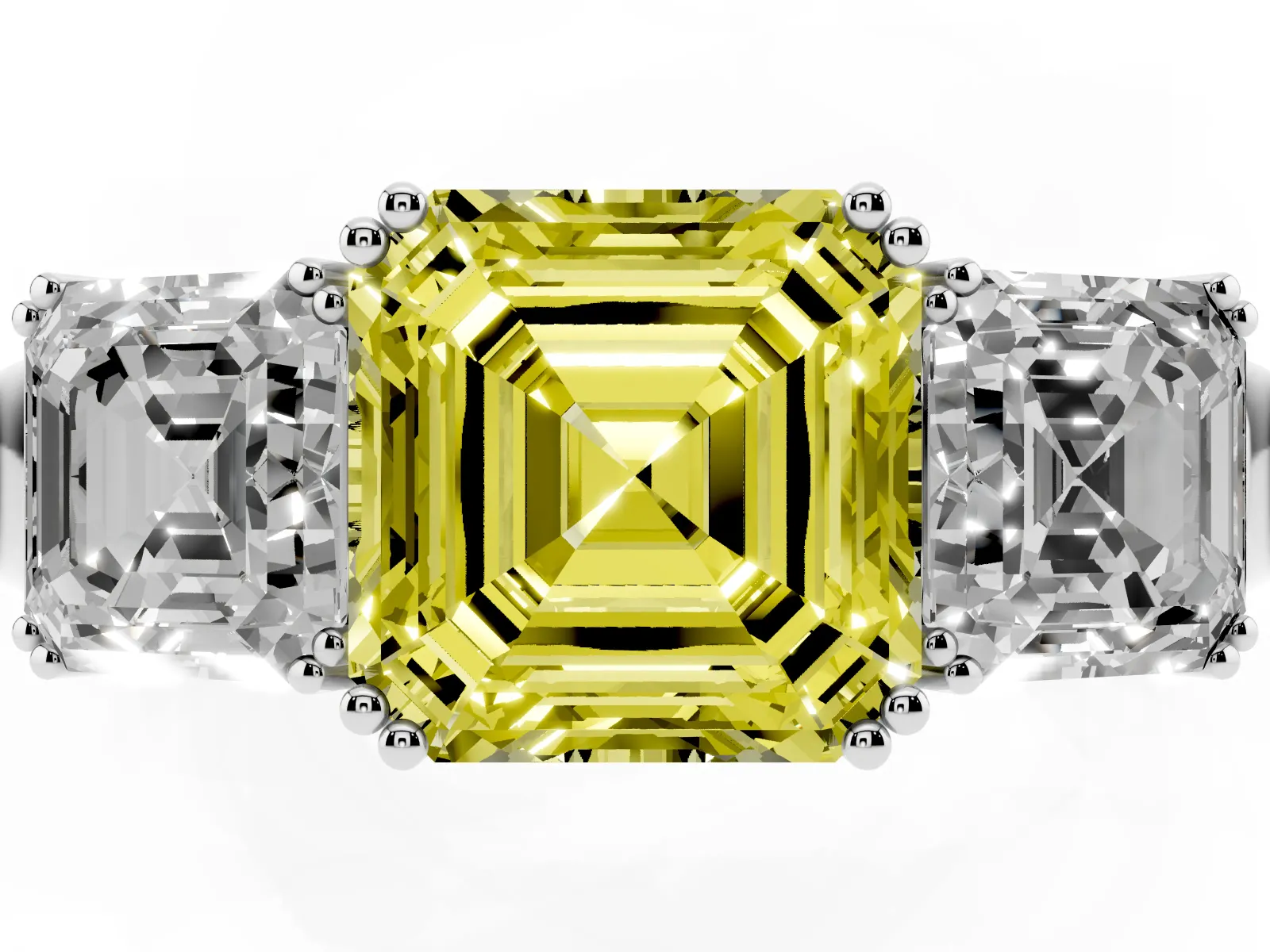 Fancy Yellow Three-Stone Asscher Cut Cut Diamond Ring with Channel Set Band and Four-Prong Setting White gold