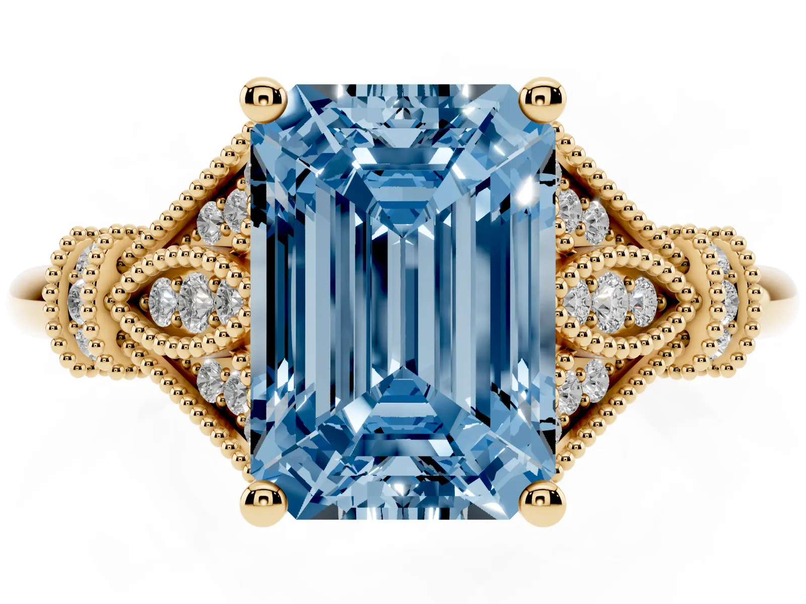 Fancy Blue Emerald Cut Diamond Solitaire Ring with Floral Filigree and Pave Accents Yellow gold