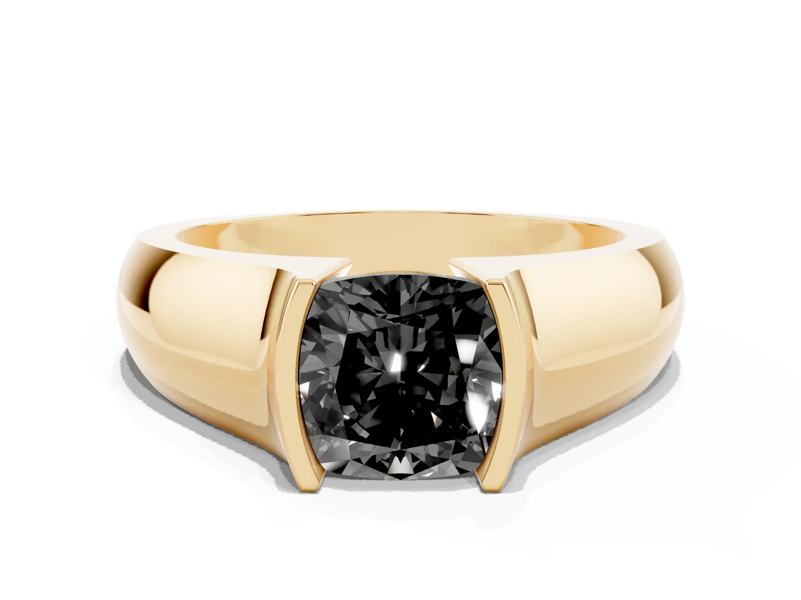 Fancy Black Cushion Cut Solitaire Bezel Set Diamond Ring with Wide Band Yellow gold