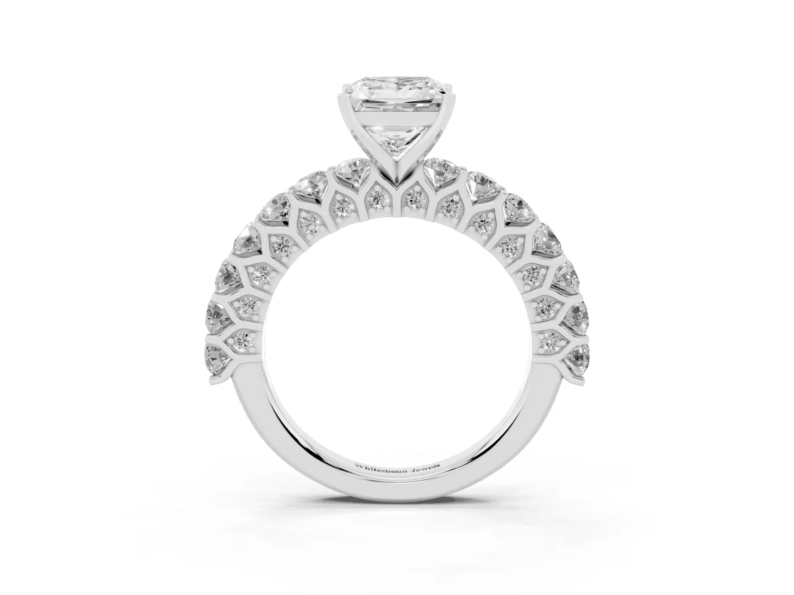Princess Cut Diamond Solitaire Ring with Shared Prong Pavé Band and Four-Prong Setting White gold